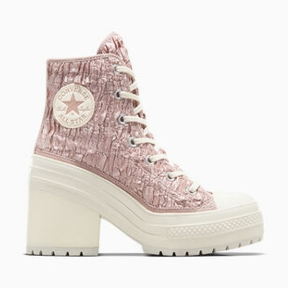 Converse Shoes - Chuck 70 De Luxe Heel Platform High-Top Chunky Shoe Satin Chaotic Neutral/Egret